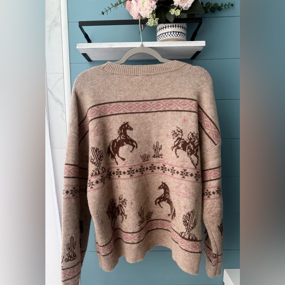 New’n Ride Away Western Horse Sweater Tan Pink Southwestern Cozy Knit - Medium - Picture 4 of 7